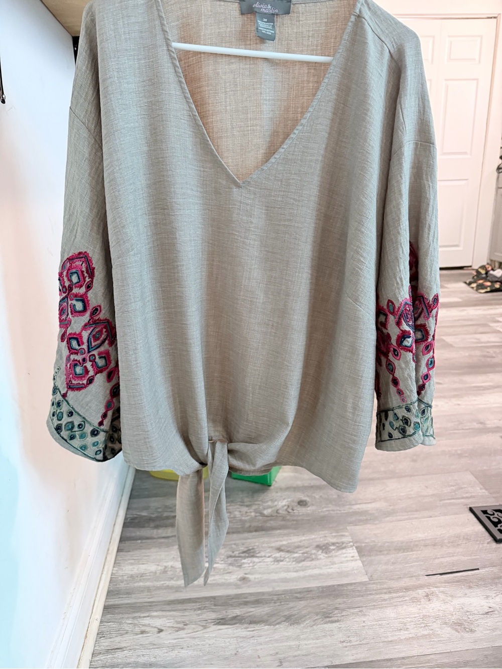 Taupe Tie-Front V-Neck Tunic with Pink & Teal Embroidery